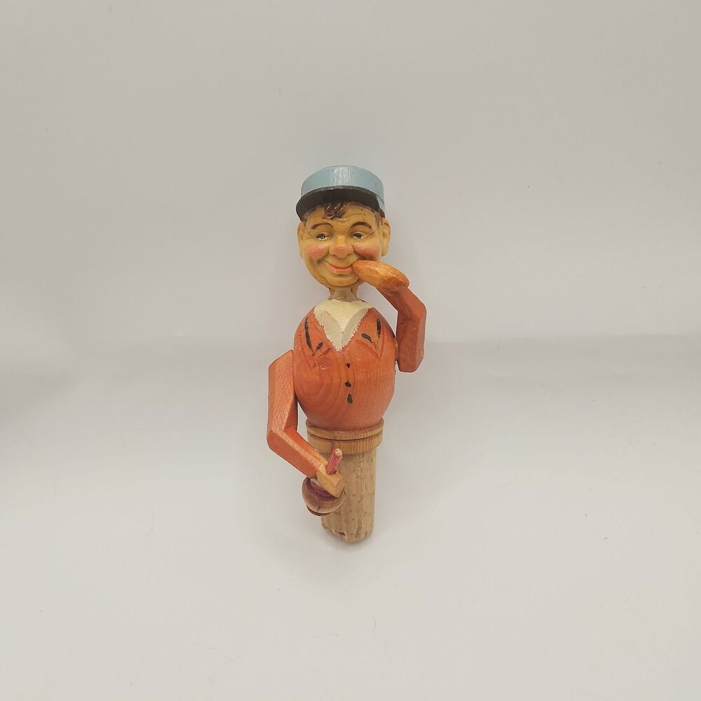Wood VINTAGE MECHANICAL FIGURE BOTTLE STOPPER CORK Wine Drinking/Bread Eating